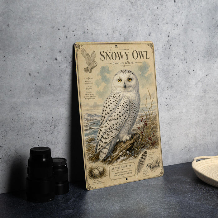 A vintage-style metal sign featuring an illustration of a snowy owl, with text and decorative elements.