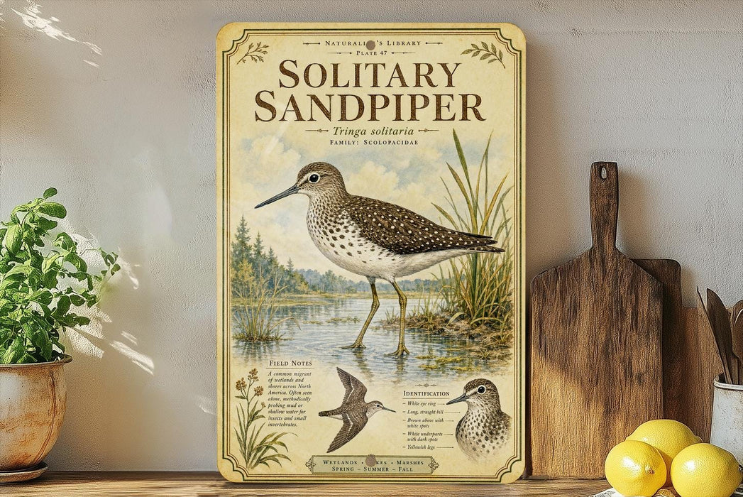 A vintage-style poster of a solitary sandpiper bird is displayed on a shelf, accompanied by a wooden cutting board and a potted plant.
