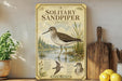A vintage-style poster of a solitary sandpiper bird is displayed on a shelf, accompanied by a wooden cutting board and a potted plant.