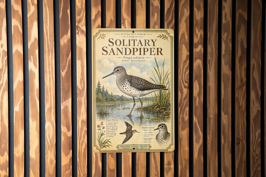 A vintage-style metal sign featuring an illustration of a sandpiper bird standing in a pond, surrounded by plants and trees.