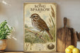 a framed illustration of a brown and white spotted bird perched on a branch, with a label that reads "Melopiza mexicana" and a description of the bird as a common and fascinating species. The bird is surrounded by a natural setting, including grass, flowers, and a birdhouse. The image is displayed on a shelf next to a wooden cutting board and a potted plant, creating a cozy and homely atmosphere.