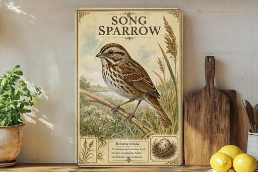 a framed illustration of a brown and white spotted bird perched on a branch, with a label that reads "Melopiza mexicana" and a description of the bird as a common and fascinating species. The bird is surrounded by a natural setting, including grass, flowers, and a birdhouse. The image is displayed on a shelf next to a wooden cutting board and a potted plant, creating a cozy and homely atmosphere.