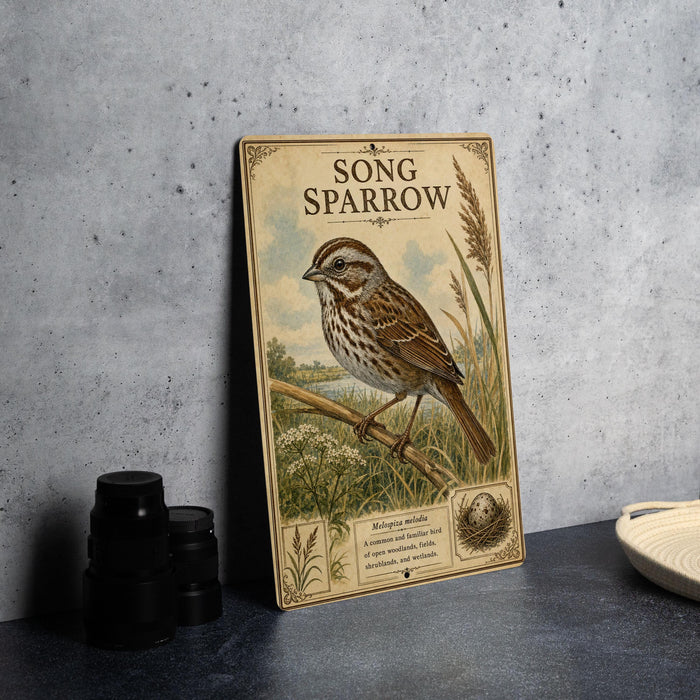 a wooden sign with a picture of a bird, specifically a sparrow, perched on a branch. The sign is placed on a table next to some black camera lenses.