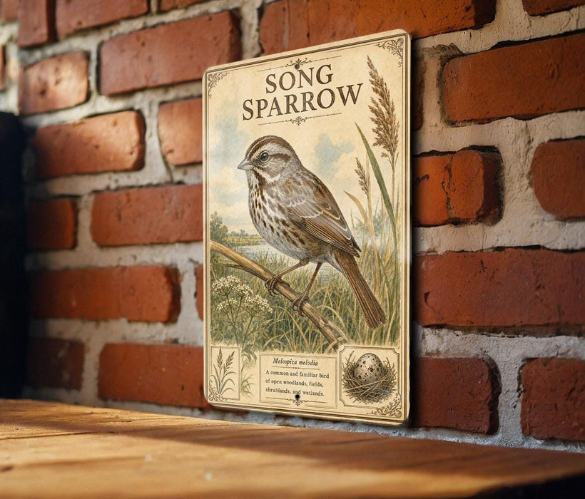 A vintage-style metal sign with an illustration of a bird, likely a sparrow, perched on a branch against a brick wall.