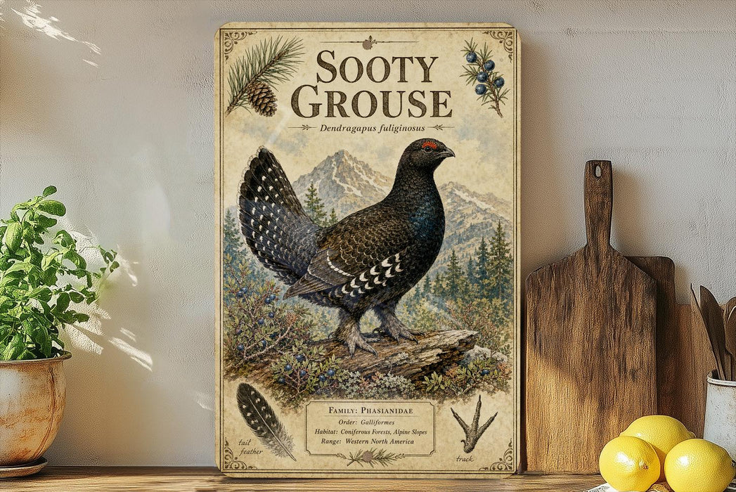 A vintage-style poster of a Sooty Grouse, a bird species, is displayed on a shelf next to a wooden cutting board and some potted plants.