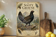 A vintage-style poster of a Sooty Grouse, a bird species, is displayed on a shelf next to a wooden cutting board and some potted plants.