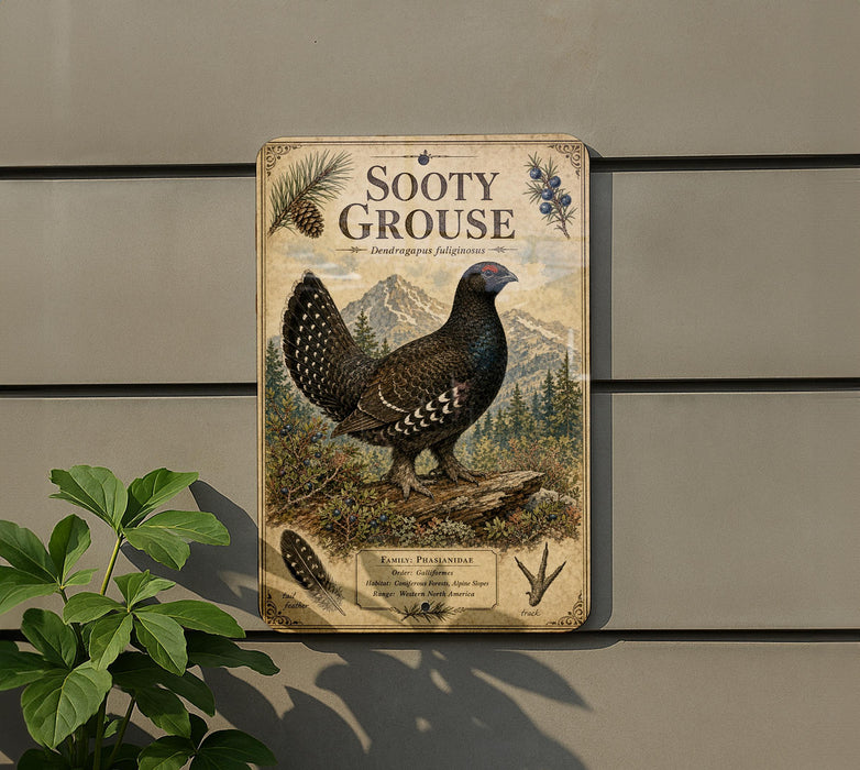 a sign for the Sooty grouse, a bird species native to North America. The sign displays a detailed illustration of the bird and includes text that identifies it as a Family Phasianidae species.