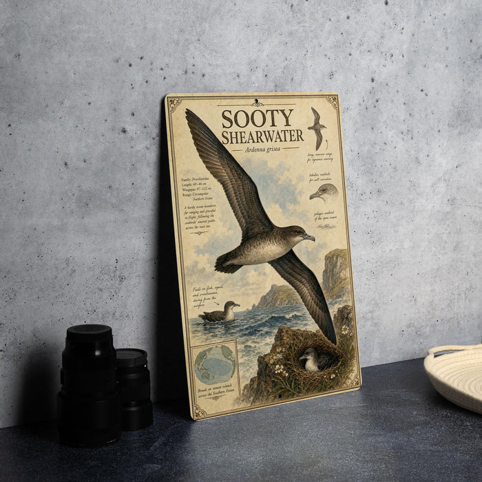 a vintage-style illustration of a bird, specifically a Sooty Shearwater, with detailed text and illustrations.