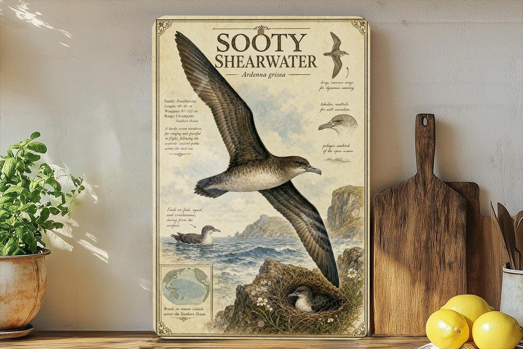 a poster of a Sooty Shearwater, a bird with a distinctive appearance, on a wall. The poster includes an illustration of the bird in flight and a detailed description of the bird's features and habitat.