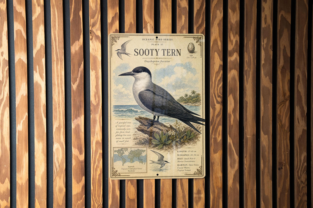 a poster of a sooty tern, a type of bird, mounted on a wooden wall.