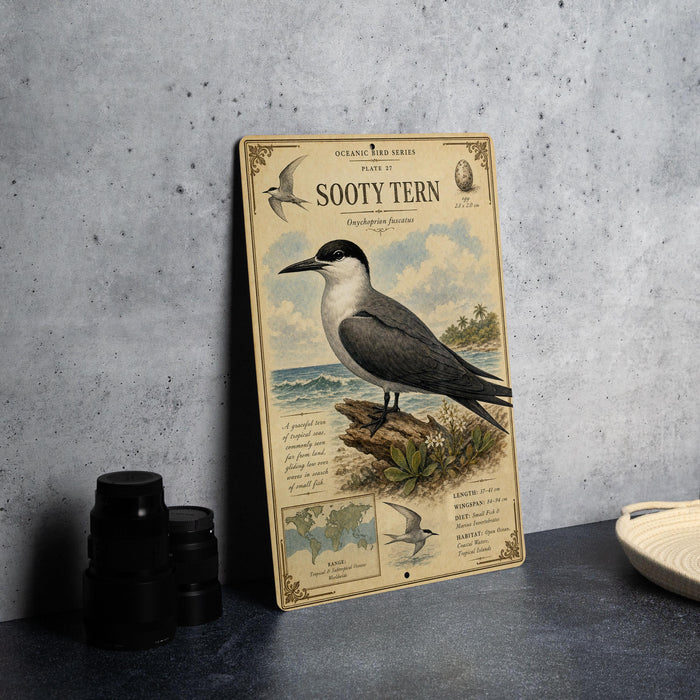 a vintage-style illustration of a seagull, specifically a Sooty tern, perched on a rock. The illustration is accompanied by text that provides information about the bird, including its scientific name, habitat, and behavior.