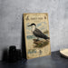 a vintage-style illustration of a seagull, specifically a Sooty tern, perched on a rock. The illustration is accompanied by text that provides information about the bird, including its scientific name, habitat, and behavior.
