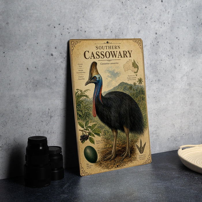 a vintage-style illustration of a Cassowary, a large flightless bird native to Australia, standing on a dirt ground with a tree in the background.