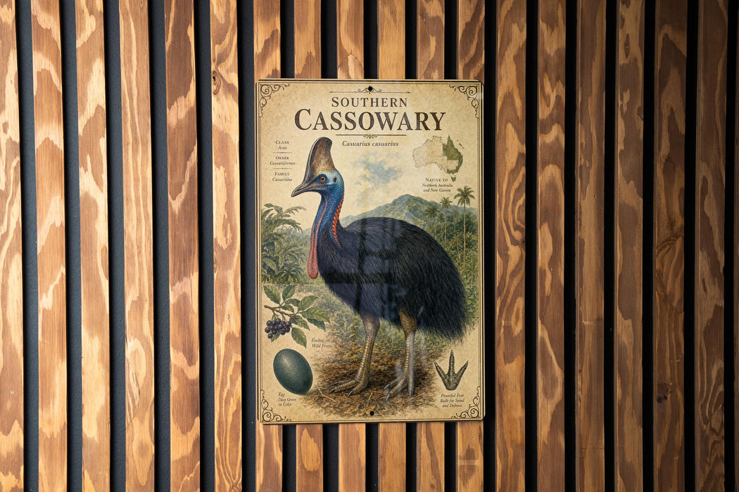 a poster of a Southern Cassowary, a large flightless bird native to Australia, mounted on a wooden wall.