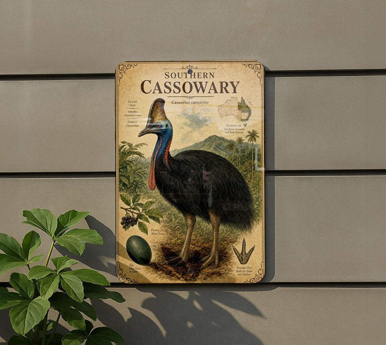 a vintage-style illustration of a Cassowary, a large flightless bird native to Australia, mounted on a wall.