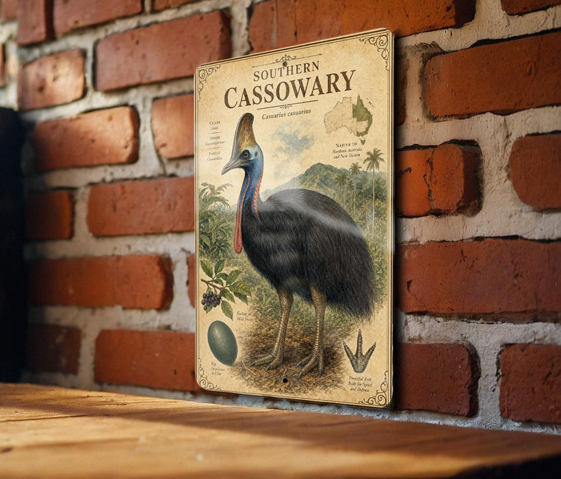 a vintage-style illustration of a cassowary, a large flightless bird native to Australia, standing on a brick wall.