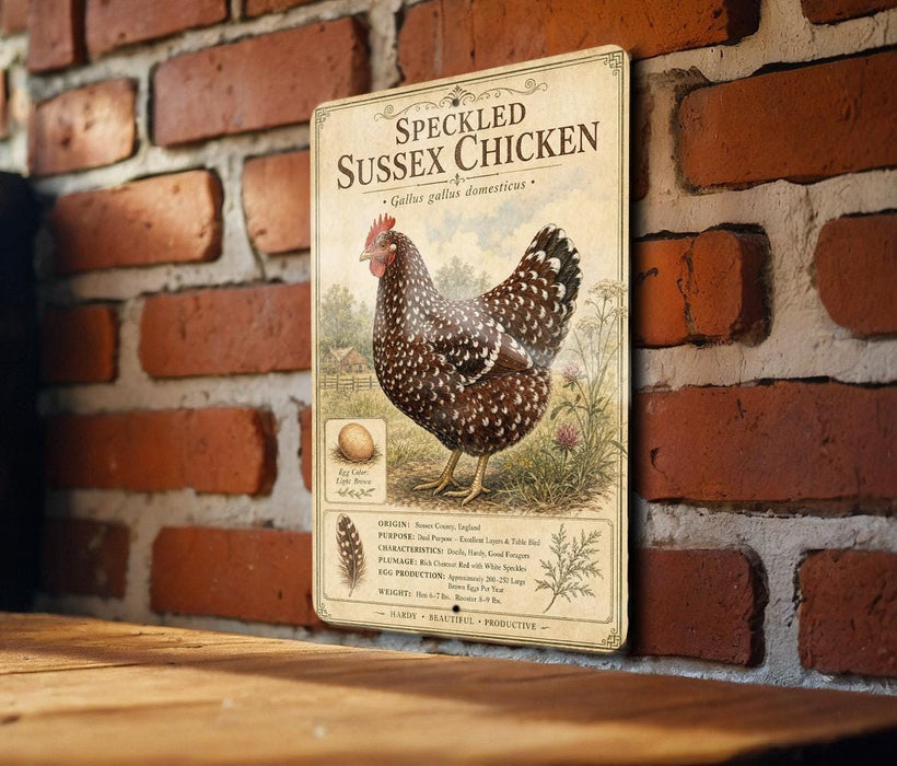 a metal sign with a picture of a speckled chicken, mounted on a brick wall.