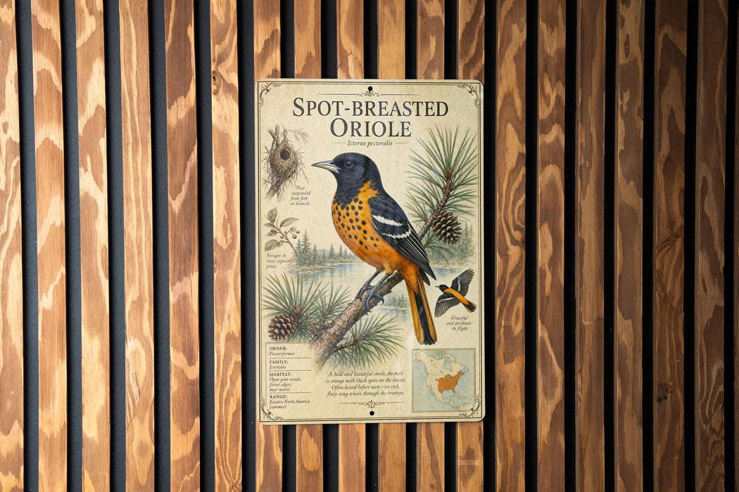 a metal sign with a detailed illustration of a spotted oriole perched on a pine branch, surrounded by pine needles.
