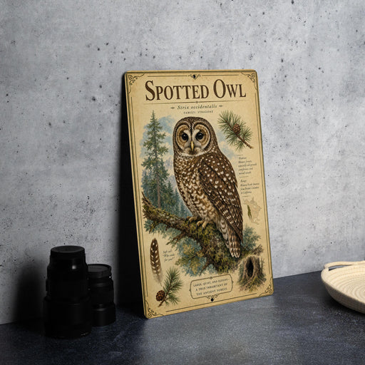 a framed illustration of a spotted owl, with text and illustrations of the owl's natural habitat and features.