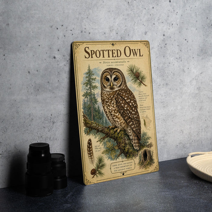 a framed illustration of a spotted owl, with text and illustrations of the owl's natural habitat and features.