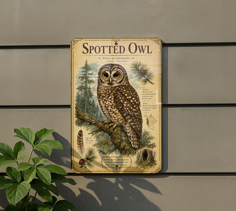 a vintage-style metal sign with an illustration of a spotted owl, mounted on a wall.