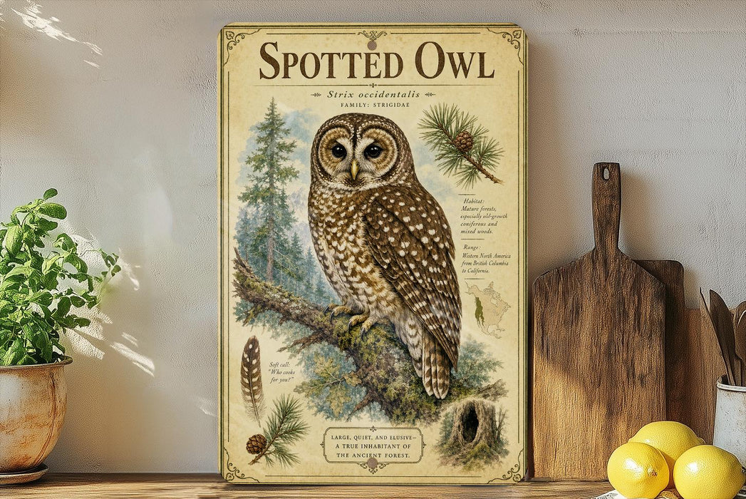 a framed illustration of a spotted owl perched on a branch, surrounded by various natural elements such as pine needles and pine cones.