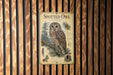 a poster of a spotted owl, which is mounted on a wooden wall.