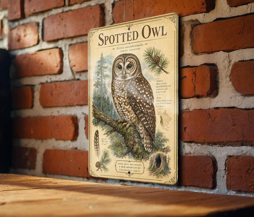 a vintage-style metal sign with an illustration of a spotted owl perched on a branch, mounted on a brick wall.