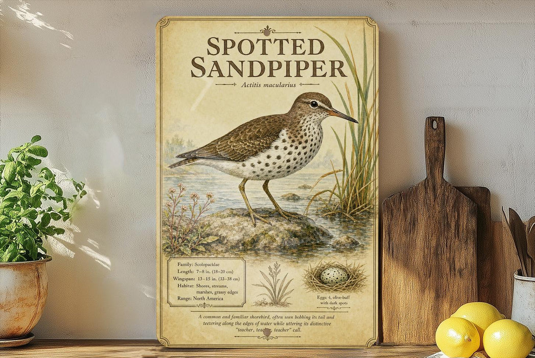 a framed illustration of a spotted sandpiper bird, with a detailed description of the bird's physical characteristics and habitat.