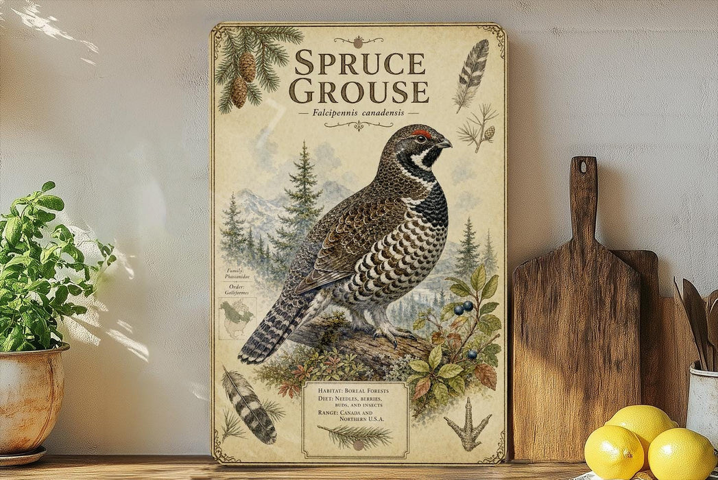 a vintage-style illustration of a bird, specifically a pine grouse, perched on a tree branch with pine needles and berries. The bird is surrounded by a forest scene, and there are pine needles and berries depicted on the illustration. The image also includes text that identifies the bird as a pine grouse, which is a species of bird native to North America.