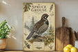 a vintage-style illustration of a bird, specifically a pine grouse, perched on a tree branch with pine needles and berries. The bird is surrounded by a forest scene, and there are pine needles and berries depicted on the illustration. The image also includes text that identifies the bird as a pine grouse, which is a species of bird native to North America.