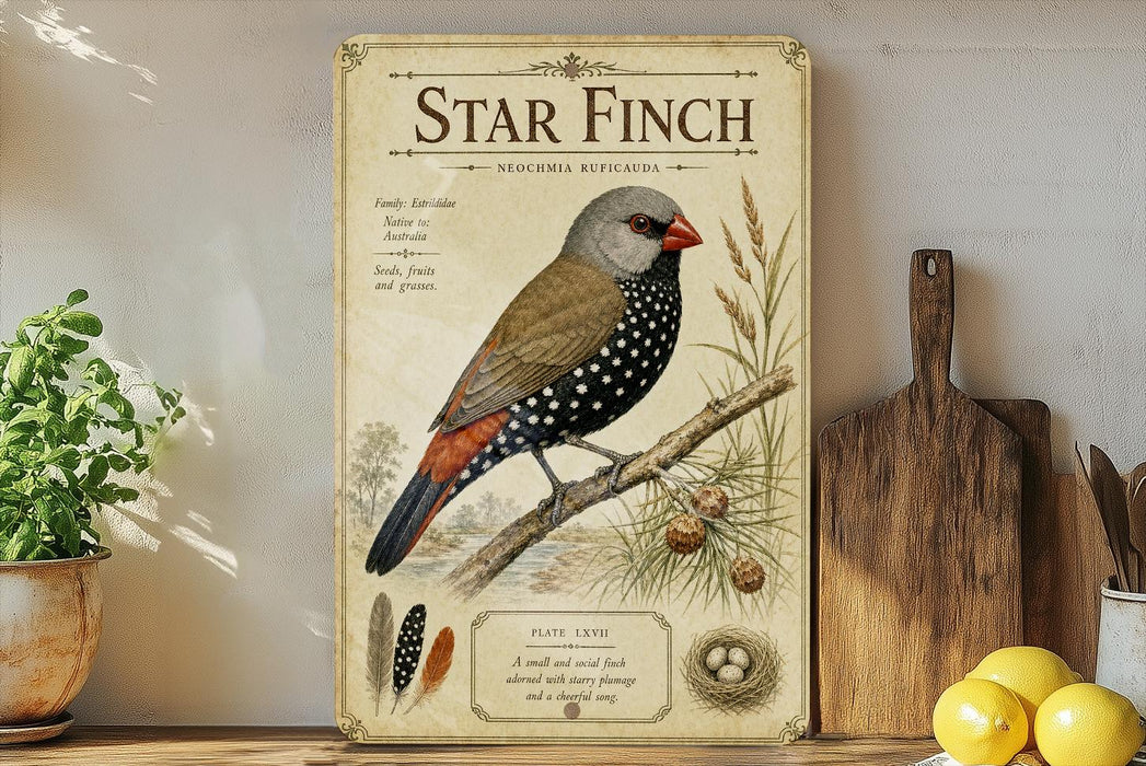 a vintage-style poster or painting of a Star Finch, a small bird with a distinctive spotted pattern, perched on a branch. The poster includes illustrations of the bird, pine cones, and other natural elements, creating a detailed and visually appealing representation of the species.