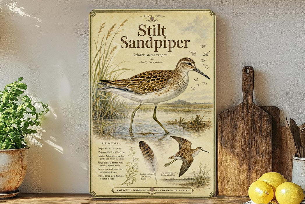 a poster of a Stilt Sandpiper bird on a shelf, surrounded by kitchen utensils and a potted plant.