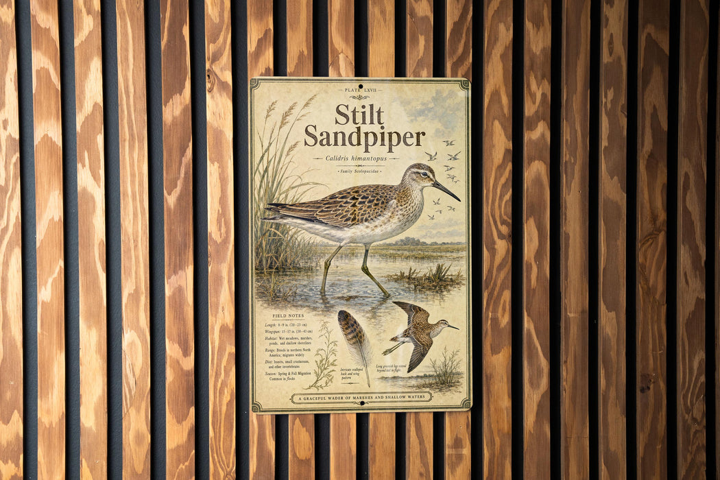 a poster of a sandpiper bird, which is mounted on a wooden wall.