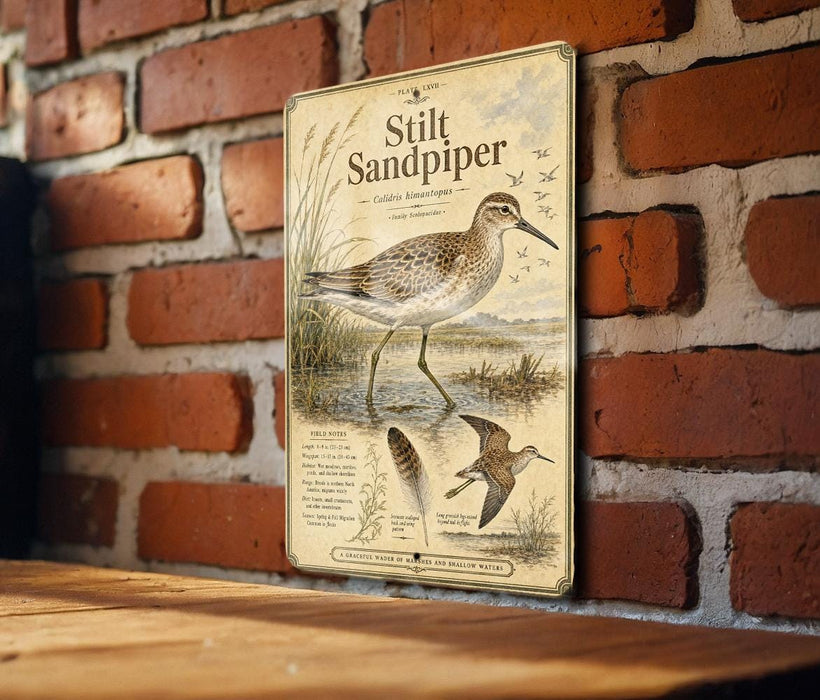 A metal plaque with an illustration of a bird, likely a sandpiper, standing on a brick wall.