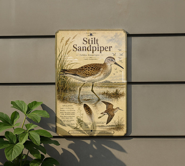 a sign with a detailed illustration of a sandpiper bird, surrounded by various plants and a bird in flight.