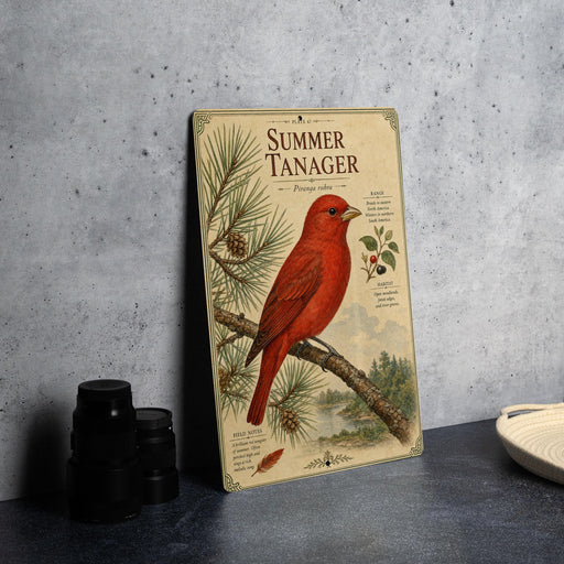 a metal sign with a red bird perched on a branch, surrounded by pine needles and other natural elements.