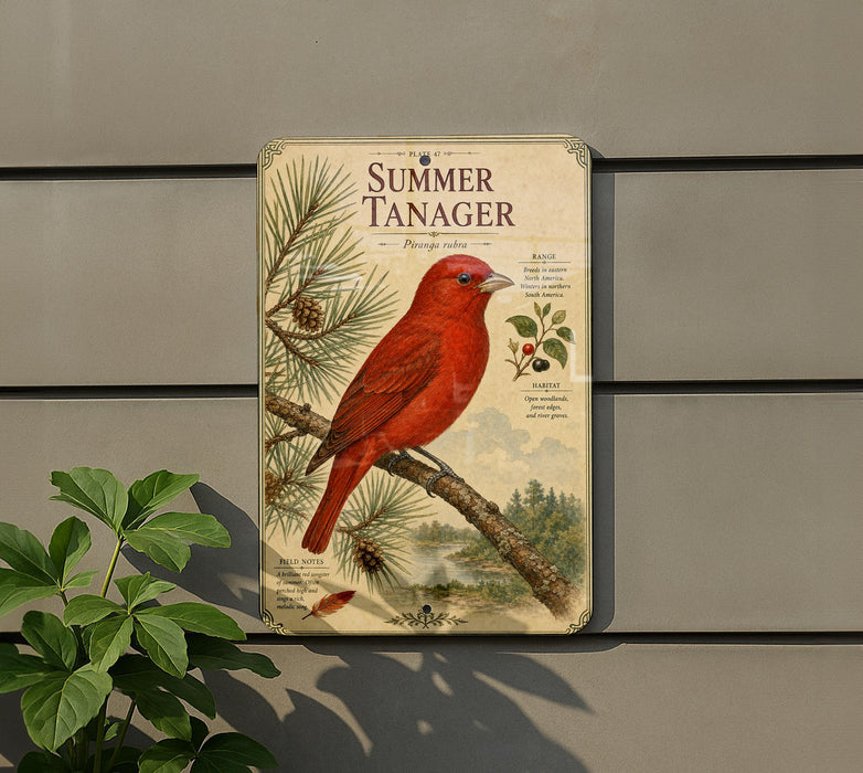 a red bird perched on a branch, with a pine tree and pine cone in the background.
