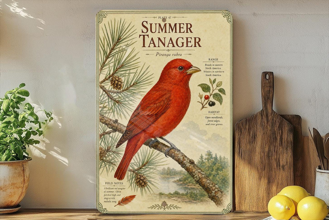 a vibrant red bird perched on a branch, surrounded by pine cones and other natural elements, with a wooden cutting board and a potted plant in the background.