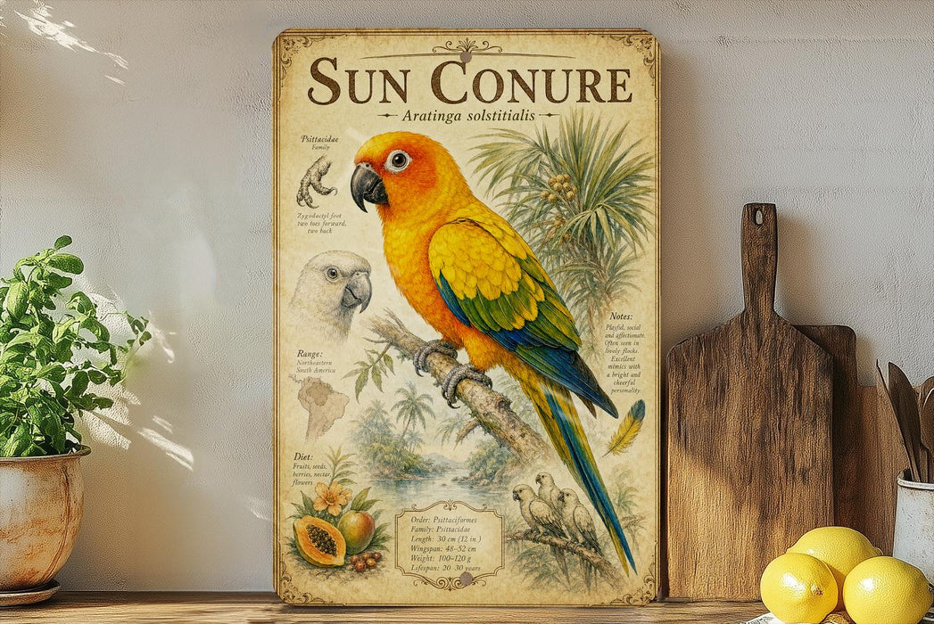 a vintage-style poster of a parrot, specifically a Sun Conure, perched on a branch. The poster includes detailed illustrations and text about the species, such as its physical characteristics, habitat, and behavior. The poster is displayed on a shelf next to a wooden cutting board and a potted plant, creating a homely and decorative atmosphere.