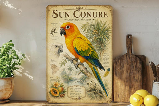 a vintage-style poster of a parrot, specifically a Sun Conure, perched on a branch. The poster includes detailed illustrations and text about the species, such as its physical characteristics, habitat, and behavior. The poster is displayed on a shelf next to a wooden cutting board and a potted plant, creating a homely and decorative atmosphere.