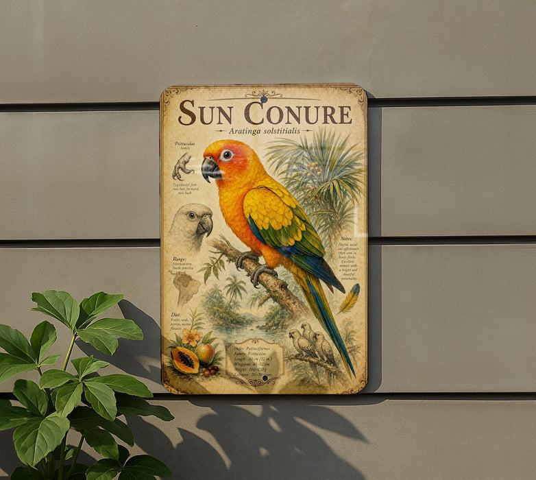 a vintage-style metal sign with a colorful illustration of a parrot, surrounded by various tropical plants and fruits.