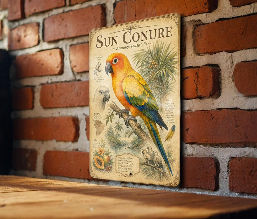 a vintage-style metal sign with a colorful illustration of a parrot, mounted on a brick wall.