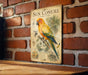 a vintage-style metal sign with a colorful illustration of a parrot, mounted on a brick wall.