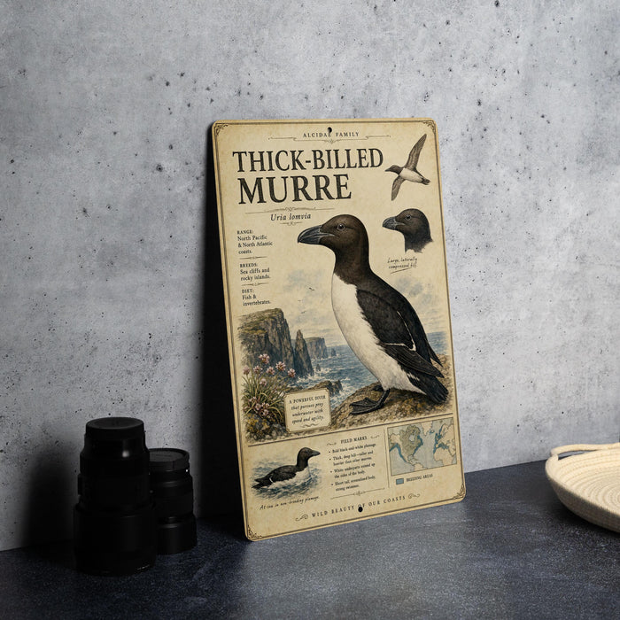 a vintage-style poster or informational display about the Thick-BILLED Murre, a type of bird, with a detailed illustration and text.