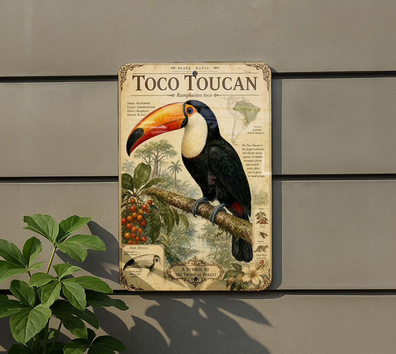 A vintage-style sign featuring a colorful illustration of a toucan perched on a branch, with text describing the toucan species and its natural habitat.
