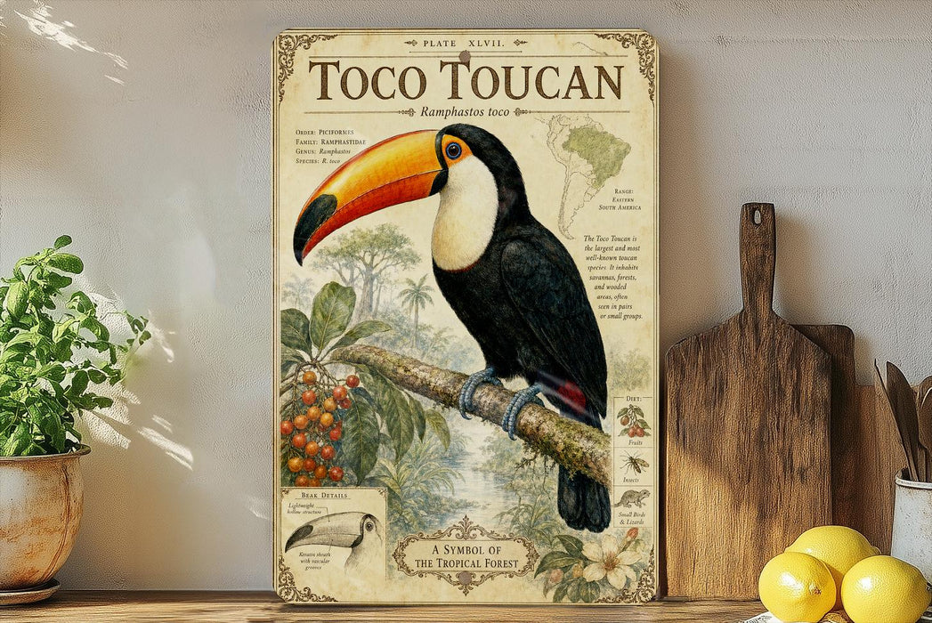 A vintage-style poster of a toucan, featuring a detailed illustration of the bird perched on a branch with various tropical elements in the background.