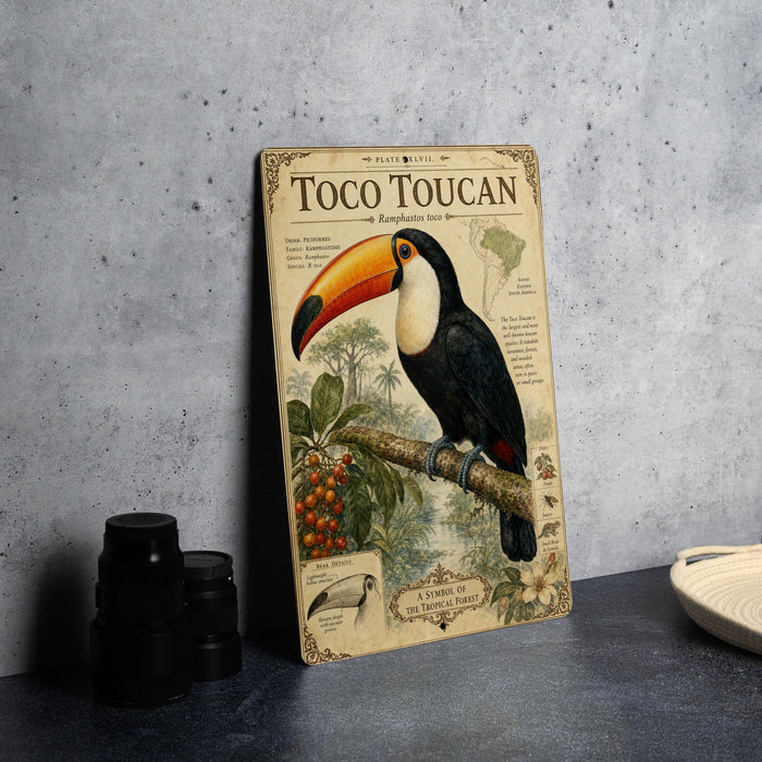 a vintage-style poster of a toucan perched on a branch, surrounded by tropical foliage and fruits.