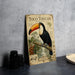 a vintage-style poster of a toucan perched on a branch, surrounded by tropical foliage and fruits.