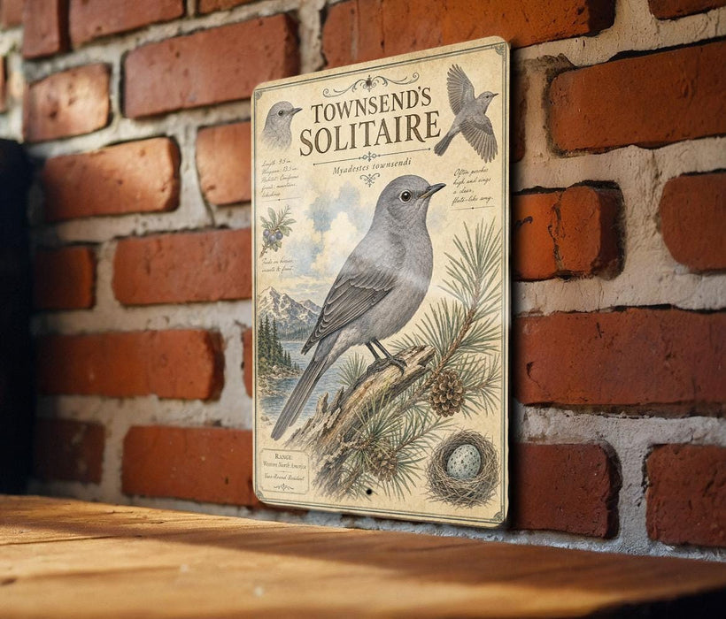 A vintage-style metal sign featuring illustrations of a bird, pine trees, and a nest, mounted on a brick wall.